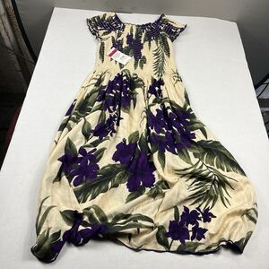 Favent Smocked Floral Maxi Dress Off Shoulder Beige Purple Hibiscus NWT One Size
